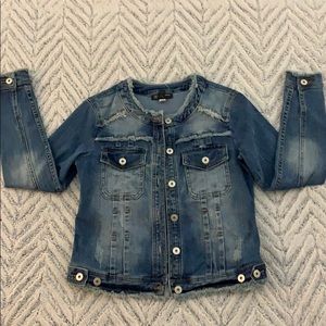Distressed Collarless Jean Jacket
